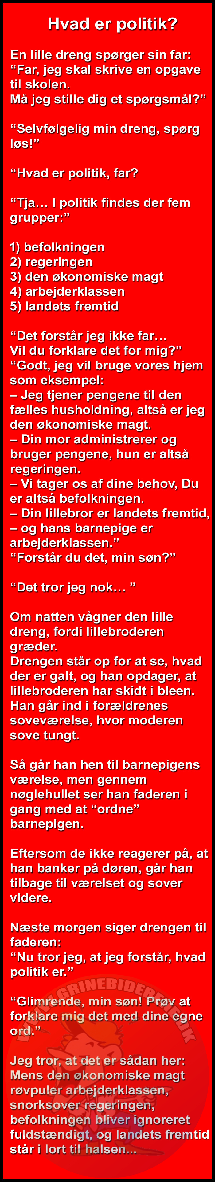 Hvad er politik… En lille dreng spørger sin far – Far, jeg skal skrive en opgave til skolen, må jeg stille dig et spørgsmål